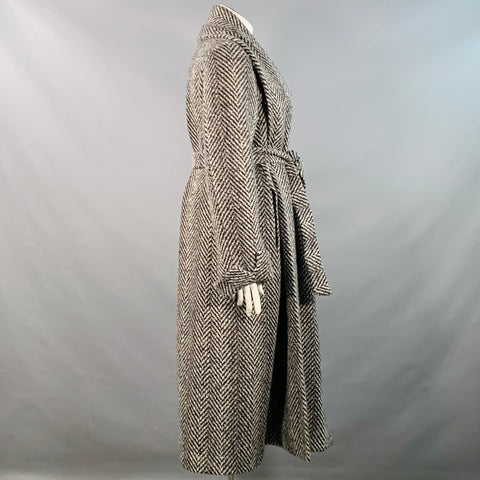 HERNO Size XL Black White Virgin Wool Blend Herringbone Belted Robe Coat