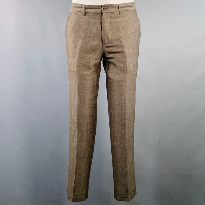 BRUNELLO CUCINELLI Size 38 Brown Herringbone Linen Wool Silk Peak Lapel Suit