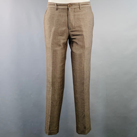 BRUNELLO CUCINELLI Size 38 Brown Herringbone Linen Wool Silk Peak Lapel Suit