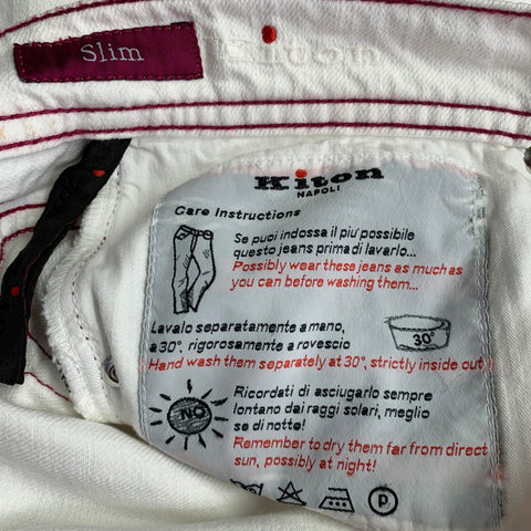KITON Size 34 White Red Contrast Stitch Distressed Cotton Straight Jeans