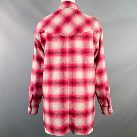 ISABEL MARANT ETOILE Size S Marcelia Grey Fuchsia Wool Blend Plaid Snaps Shirt