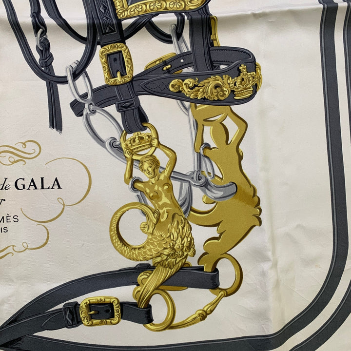 HERMES Off White Gold Print Silk Scarves