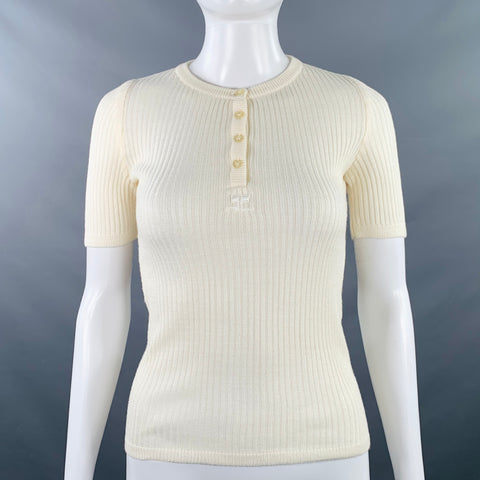 COURREGES Size 0 Cream Acrylic Rib Knit Short Sleeve Casual Top