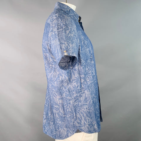 TED BAKER Size L Subzero Blue Grey Tropical Cotton Linen Short Sleeve Shirt