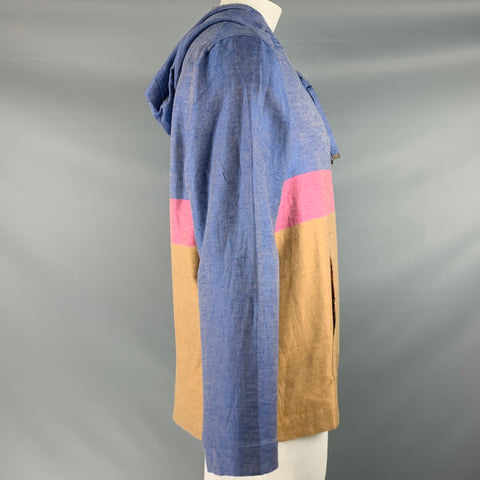 ROBERT GRAHAM Size L Blue Brown Pink Color Block Cotton Linen Pullover