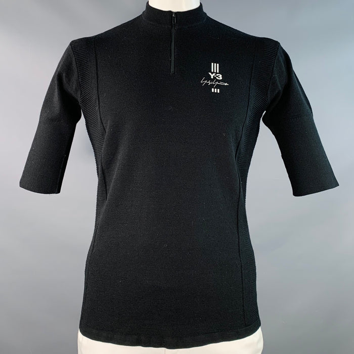 Y-3 Size L Black White Logo Polyester Blend Short Sleeve 1/4 Zip Pullover