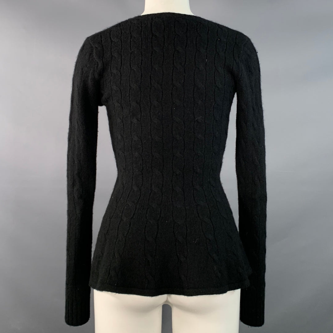 RALPH LAUREN Size S Black Cashmere Cable Knit Flared Hem V-Neck Sweater