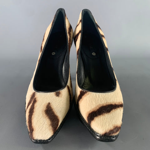 CELINE Size 7 Cream Brown Animal Print Calf hair Pointed Toe Pumps