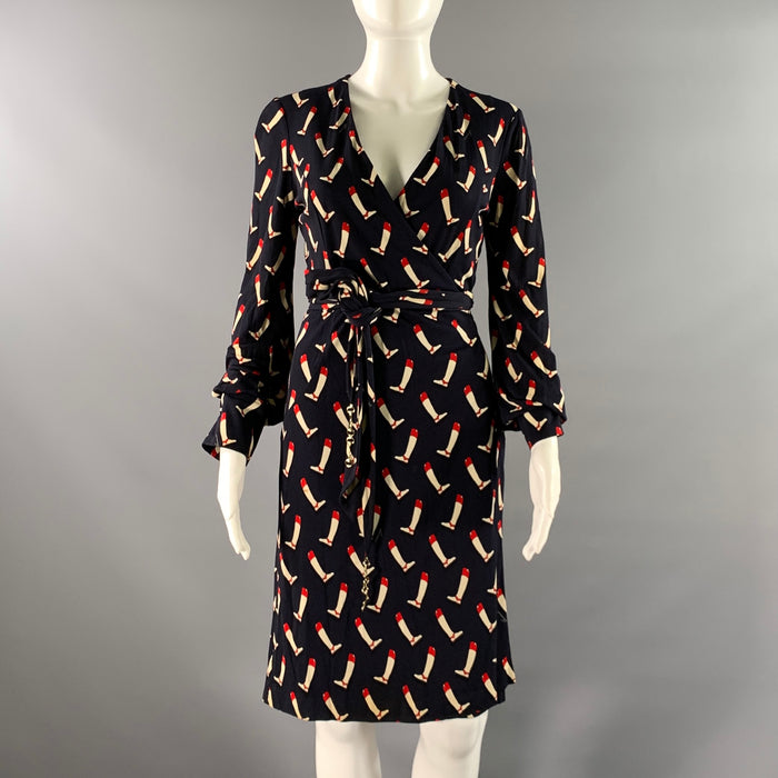 GUCCI Size 2 Navy Red Silk Riding Boots Wrap Knee-Length Dress