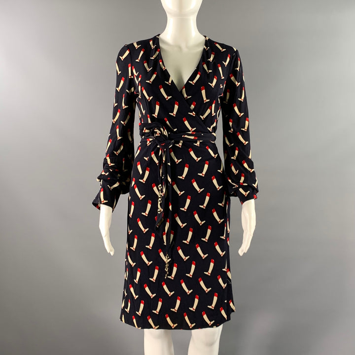 GUCCI Size 2 Navy Red Silk Riding Boots Wrap Knee-Length Dress
