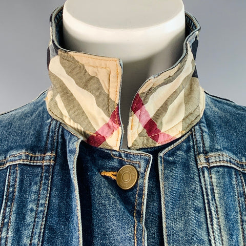 BURBERRY Size 2 Blue Cotton Blend Denim Plaid Trim Button Up Jacket