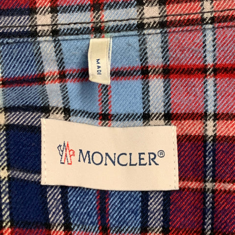 MONCLER Size M Blue Navy Red Plaid Cotton Button Down Collar Long Sleeve Shirt