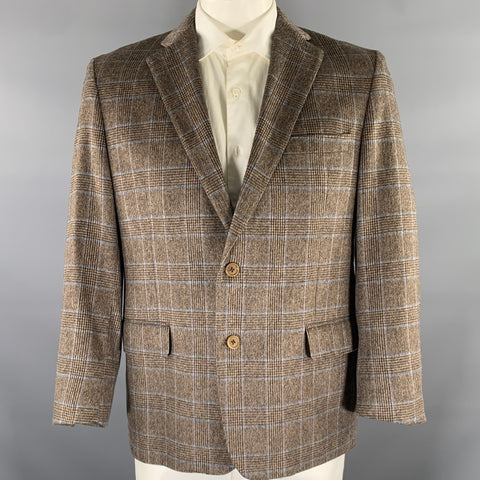 PETER PANOS Chest Size 44 Brown Blue Plaid Cashmere Notch Lapel Sport Coat