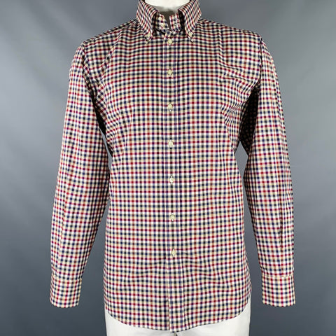 ETRO Size L Navy Burgundy Checkered Cotton Button Up Long Sleeve Shirt