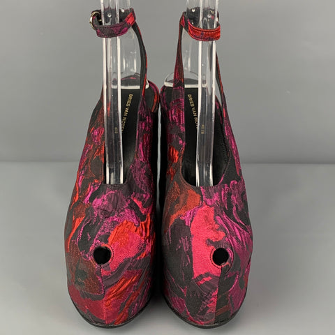 DRIES VAN NOTEN Taille 7.5 Escarpins compensés à plateforme en jacquard floral noir rouge