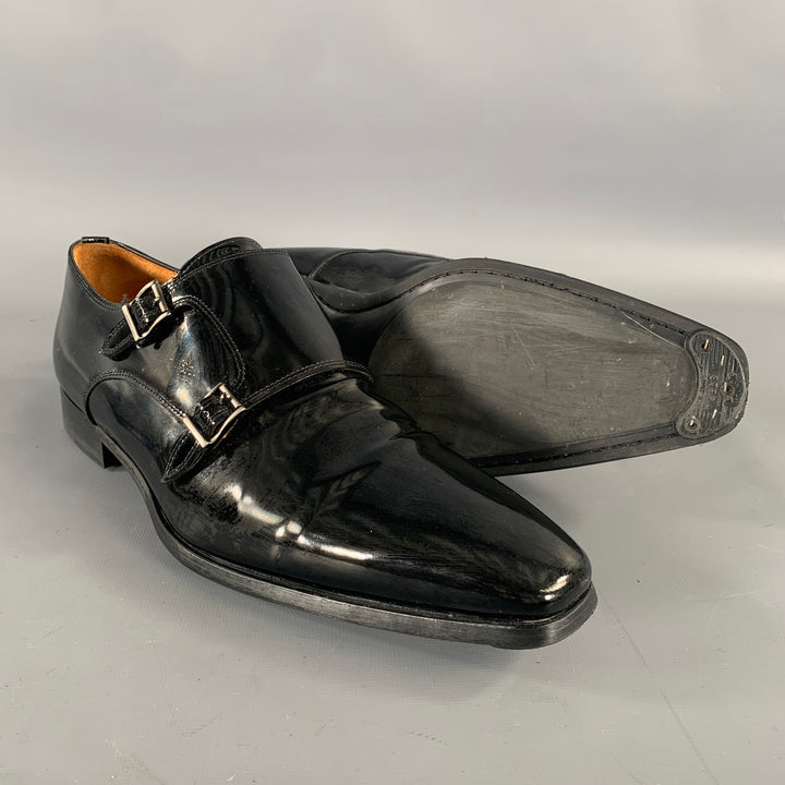 MAGNANNI Size 10 Black Shimmery Patent Leather Monk Strap Loafers