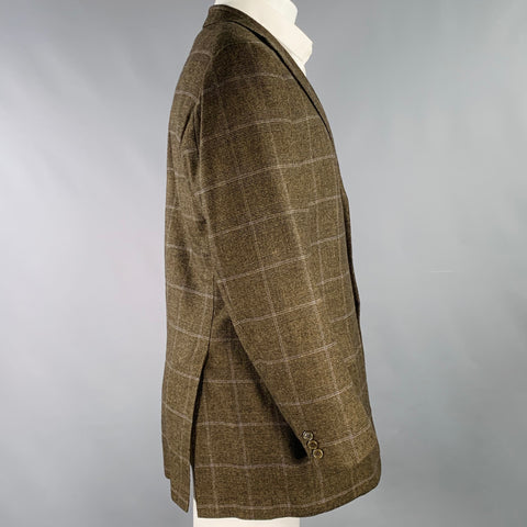 KITON Size 40 Brown Blue Window Pane Cashmere Notch Lapel Sport Coat
