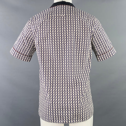 VALENTINO Size S Navy White Burgundy Monogram Cotton Camp Short Sleeve Shirt
