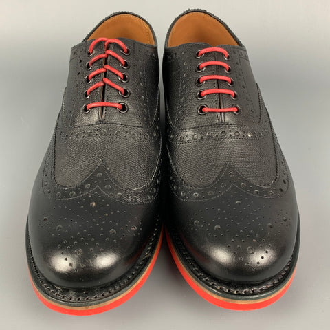 GRENSON Size 8.5 Black Red Perforated Leather Wingtip Lace-Up Shoes