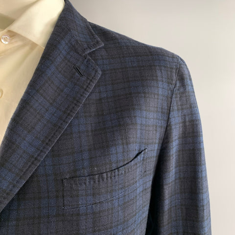 ERMENEGILDO ZEGNA Chest Size 48 Navy Blue Plaid Linen Cotton Wool Sport Coat