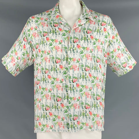 REPRESENT Size XL White Multi-Color Floral Logo Viscose Camp Short Sleeve Shirt
