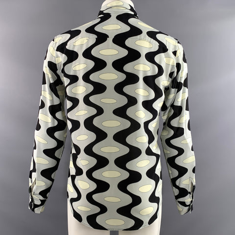 SANDRO Size M Black Light Blue Geometric Viscose Long Sleeve Shirt