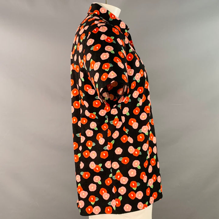 RAF SIMONS SS14 Runway Size 44 Black Red Pink Floral Poppy Cotton Button Up Short Sleeve Shirt