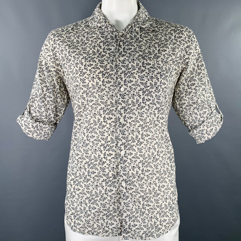 JOHN VARVATOS Size L Off White Navy Leaves Cotton One Pocket Long Sleeve Shirt