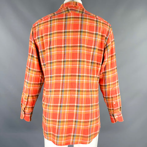 PROPER CLOTH Size M Orange White Green Plaid Cotton Long Sleeve Shirt