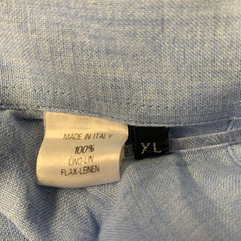 LORENZINI Size XL Blue Heather Linen Short Sleeve Shirt