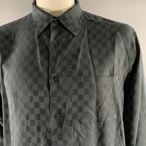 ALFANI Size L Black Grey Checkered Stripe Modal Blend Pointed Collar Long Sleeve Shirt
