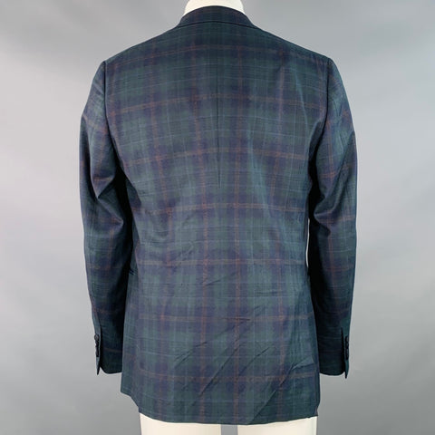 ISAIA Size 40 Green Navy Plaid Wool Peak Lapel Sport Coat
