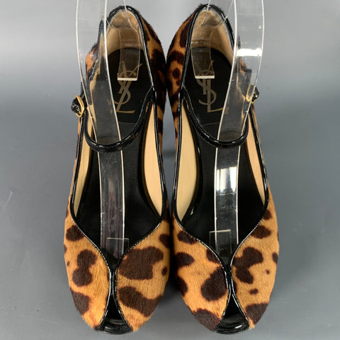 YVES SAINT LAURENT Size 6 Tribute  Brown Black Calf Hair Animal Print Platform Sandals