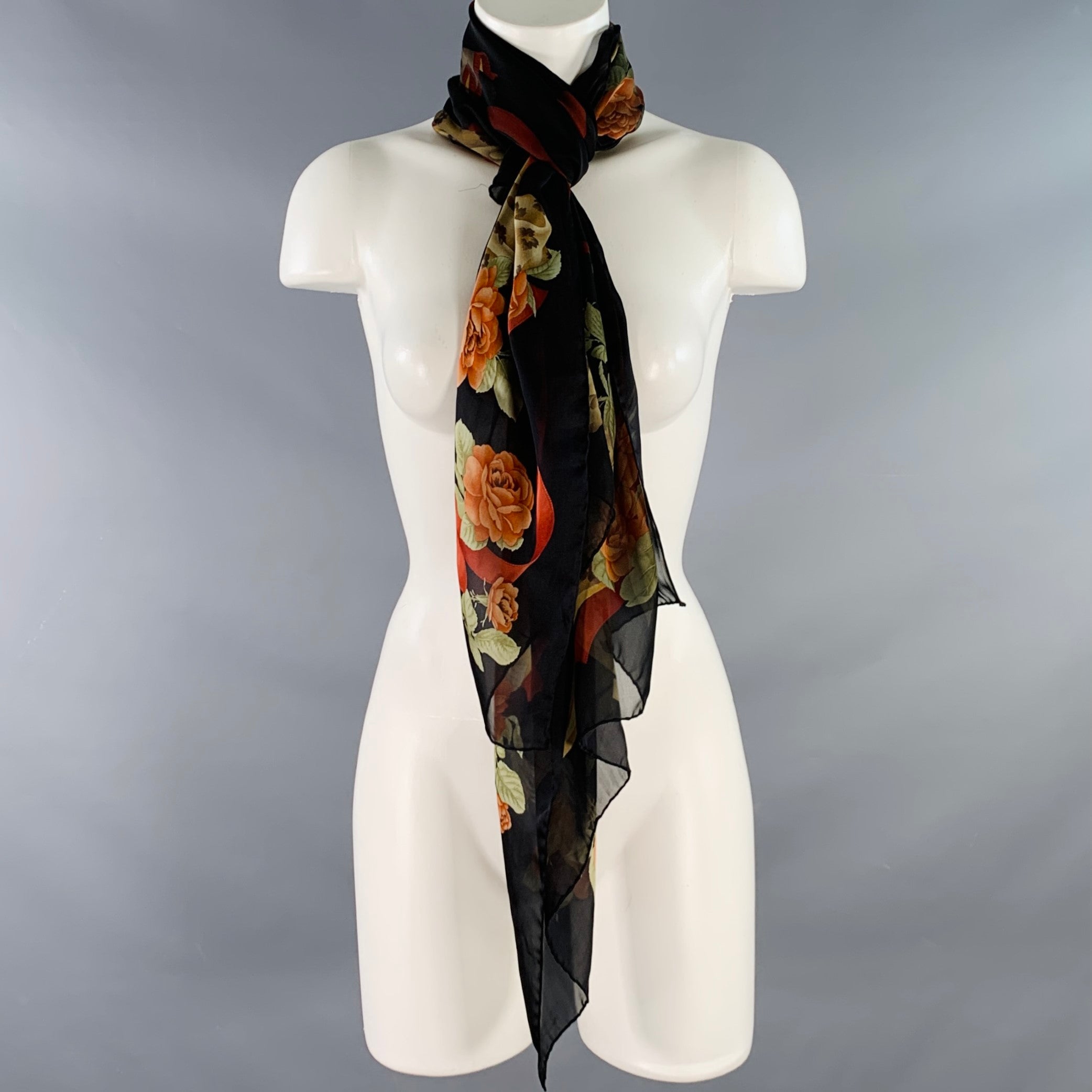 SALVATORE FERRAGAMO Black Red Floral Silk Scarf Shawl – Sui