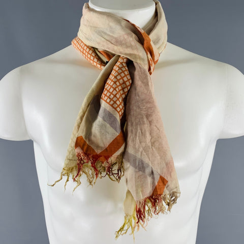 DRIES VAN NOTEN Beige Green Red Abstract Silk Cotton Scarf