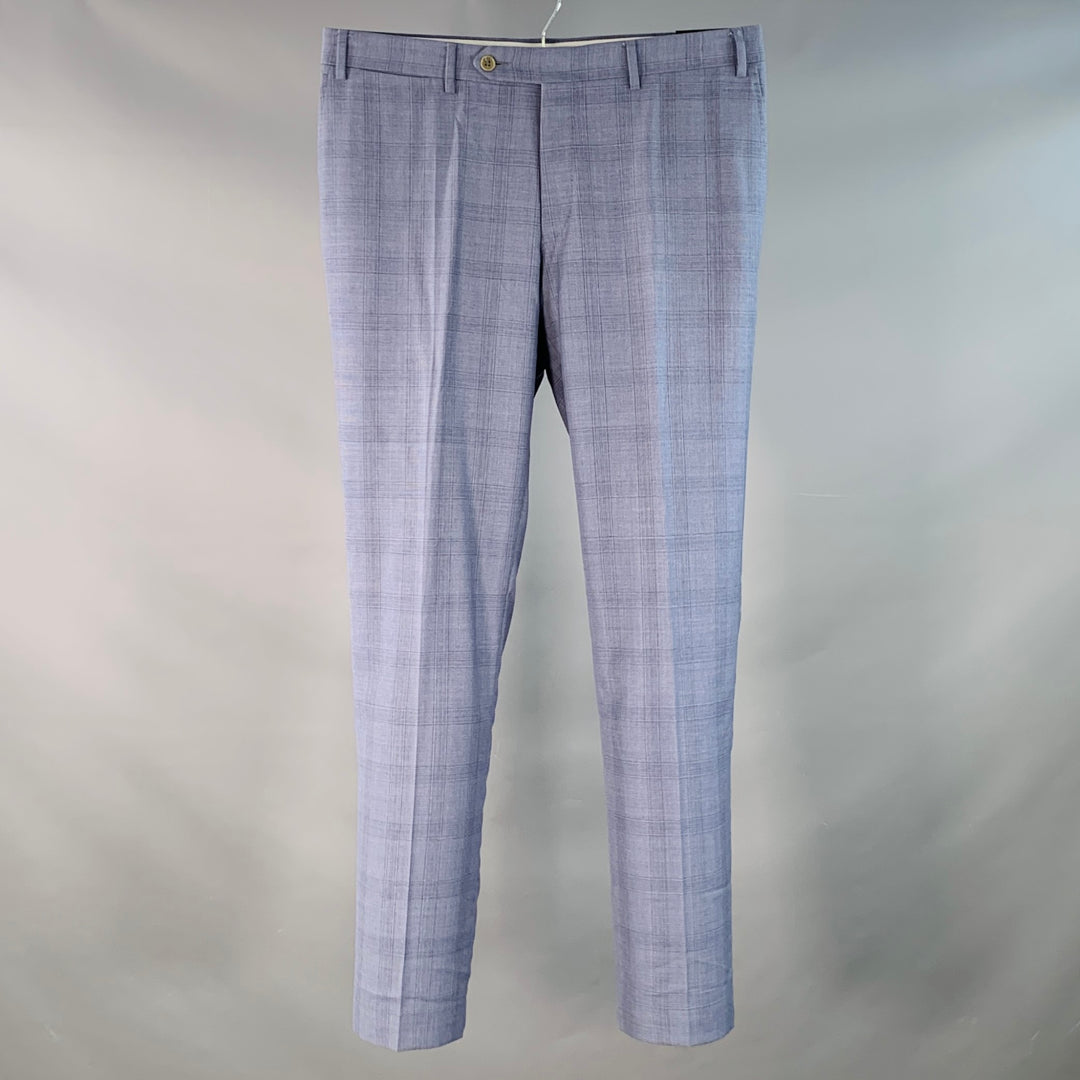 CANALI Size 34 Blue Plaid Wool Flat Front Tapered Dress Pants