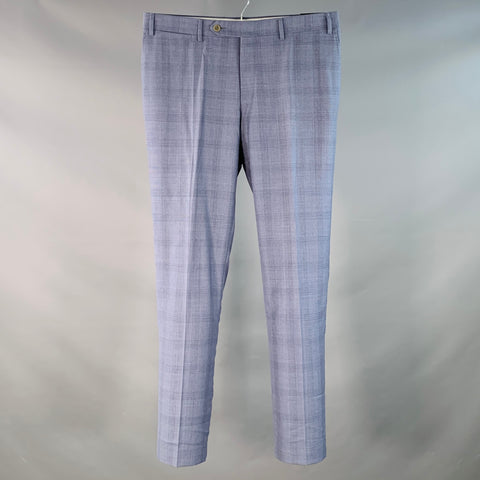 CANALI Size 34 Blue Plaid Wool Flat Front Tapered Dress Pants