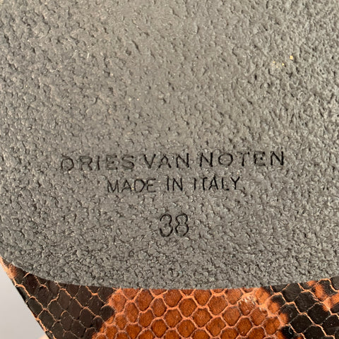 DRIES VAN NOTEN Size 8 Brown Black Snake Embossed Leather Open Toe Sandals