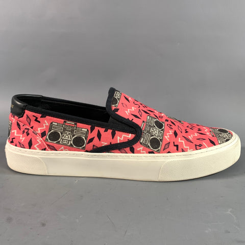 SAINT LAURENT Size 12 Pink Black & Grey Radio Print Slip On Sneakers