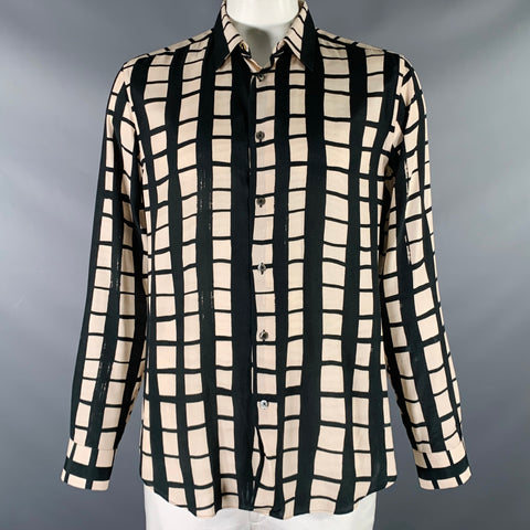PAUL SMITH Size XL Cream Black Window Pane Viscose Button Up Long Sleeve Shirt