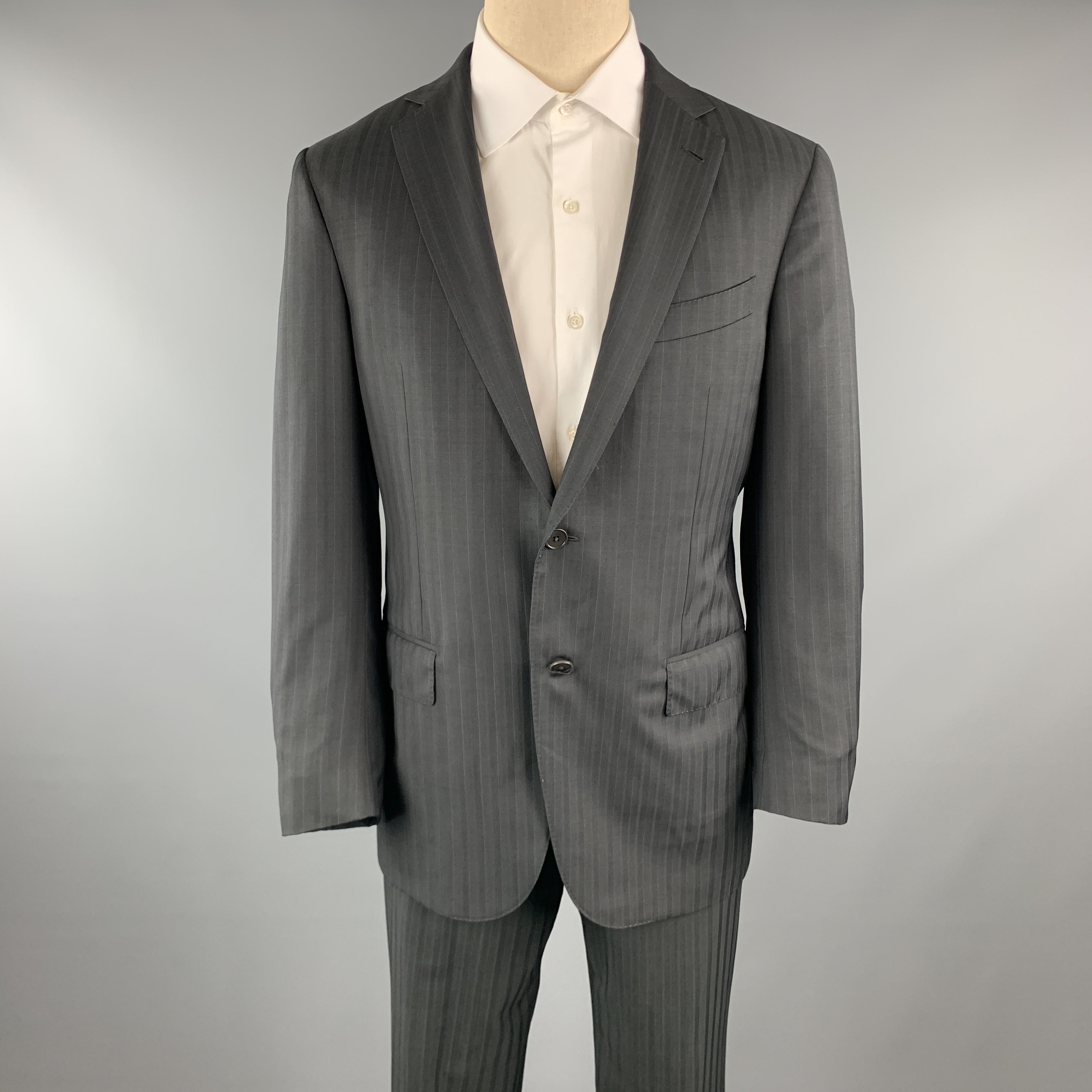 ERMENEGILDO ZEGNA Black Stripe Wool Notch Lapel 34 x 30 Suit – Sui