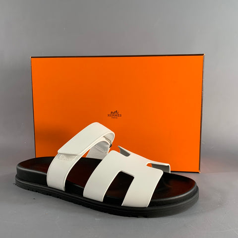 HERMES Size 9 White Black Leather Rubber Sole Sandals