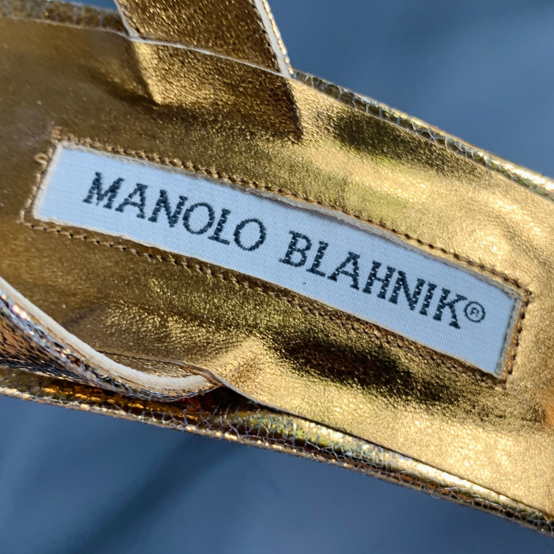 MANOLO BLAHNIK Size 8 Gold Leather Crackled Beaded Sandals