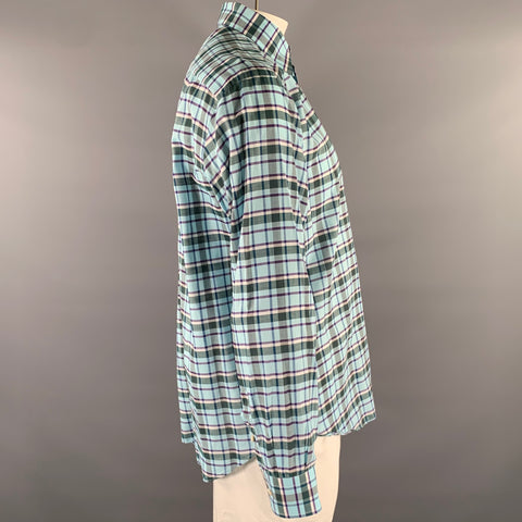 BRIONI Size L Blue Purple Green Plaid Cotton Pointed Collar Long Sleeve Shirt