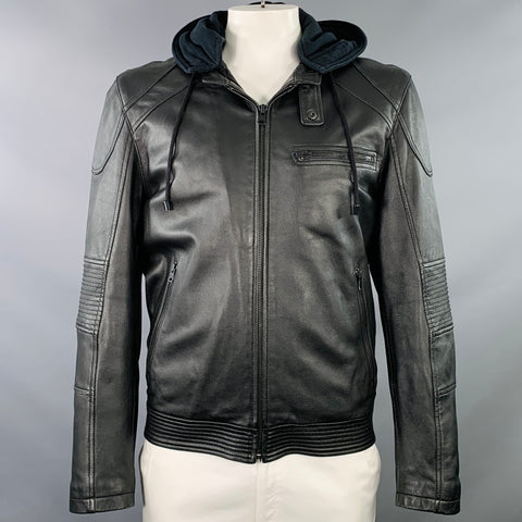 WEST COAST LEATHER Size L Racer Black Lambskin Leather Hooded Zip Up Jacket