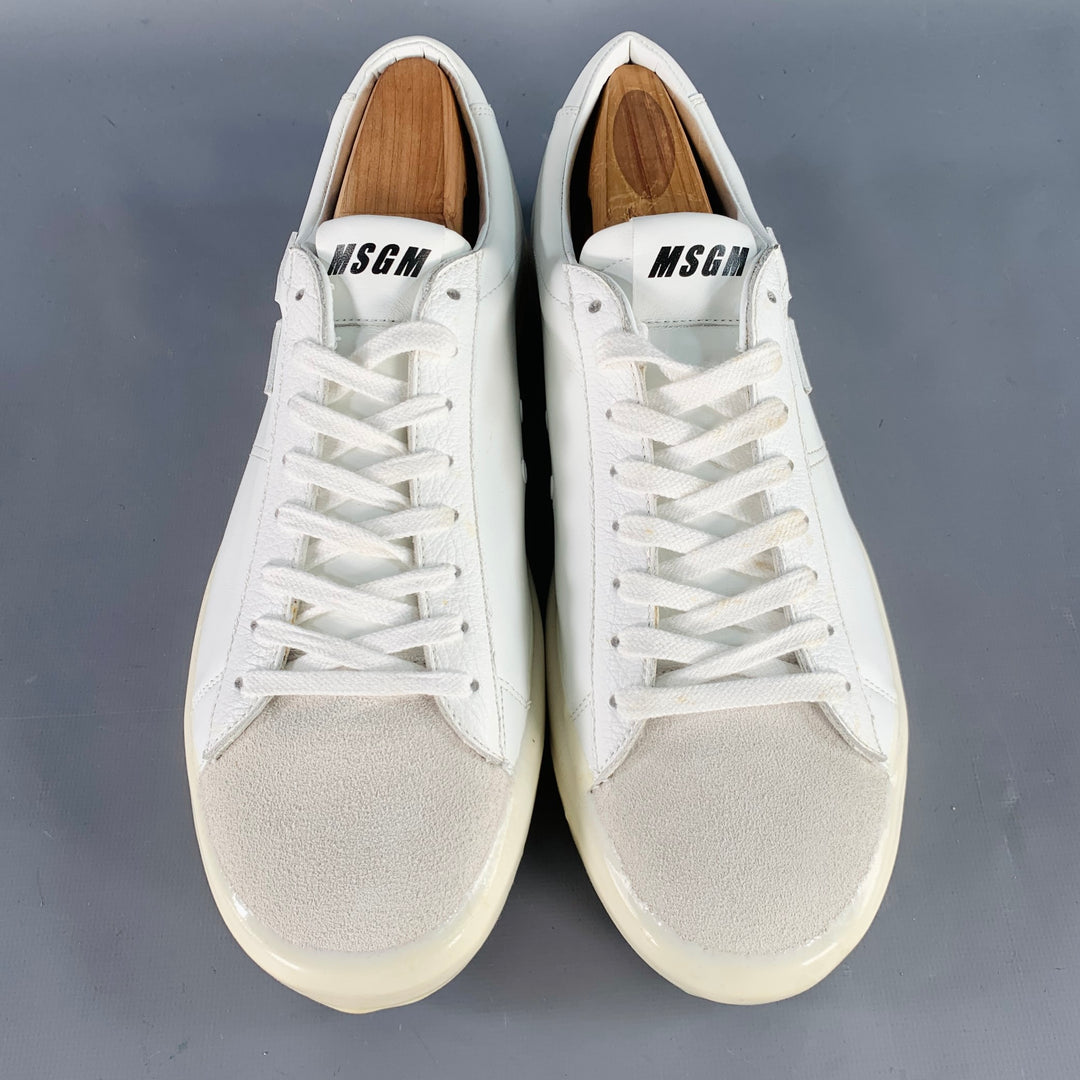 MSGM Size 8 White Leather Suede Trim Lace-Up Low Top Sneakers