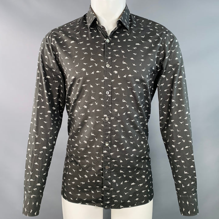 LANVIN Size M Grey Slate Dinosaurs Cotton Spread Collar Long Sleeve Shirt