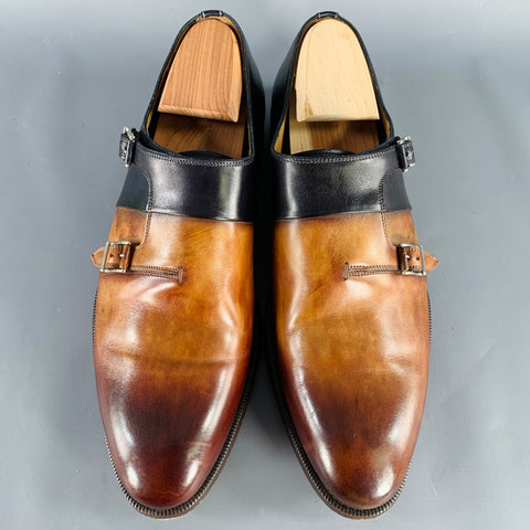 MAGNANNI Size 9.5 Neto Brown Navy Leather Monk Strap Loafers