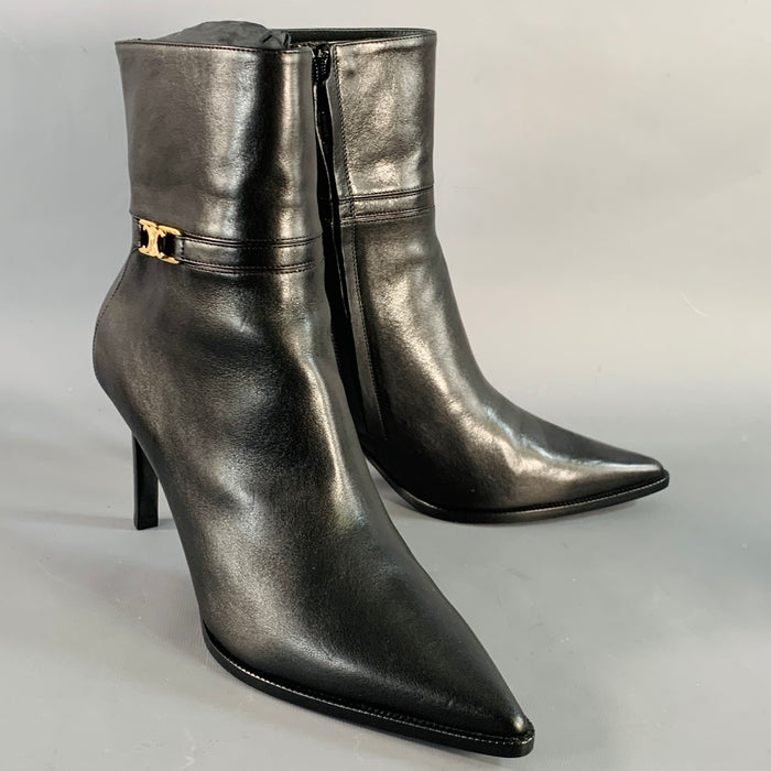 CELINE Size 11 Verneuil Triomphe Black Leather Pointed Toe Stiletto Boots