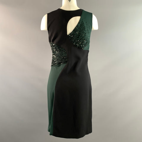 GIANNI VERSACE FW2018 Size 6 Black Green Viscose Blend Beaded V Neck Cocktail Dress